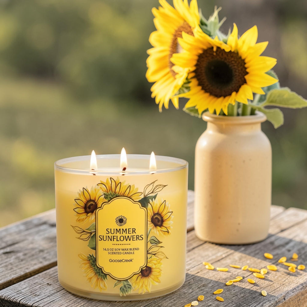 Summer Sunflowers Scented Candle, Soy Wax Blend, 14.5 oz with Artisanal Shortcake Soap Gift