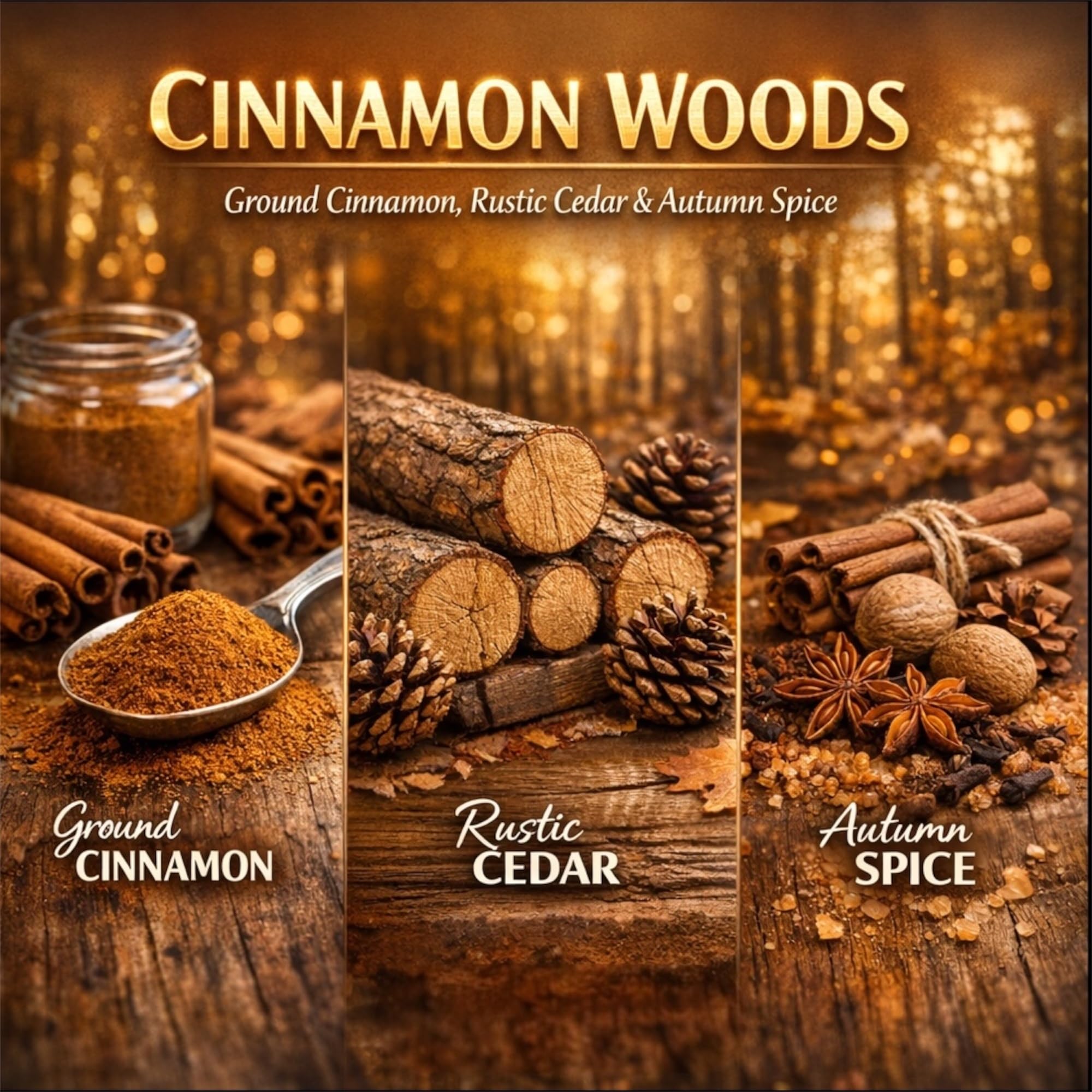 Cinnamon Woods Soy Wax Blend Candle, Ground Cinnamon, Rustic Cedar & Autumn Spice