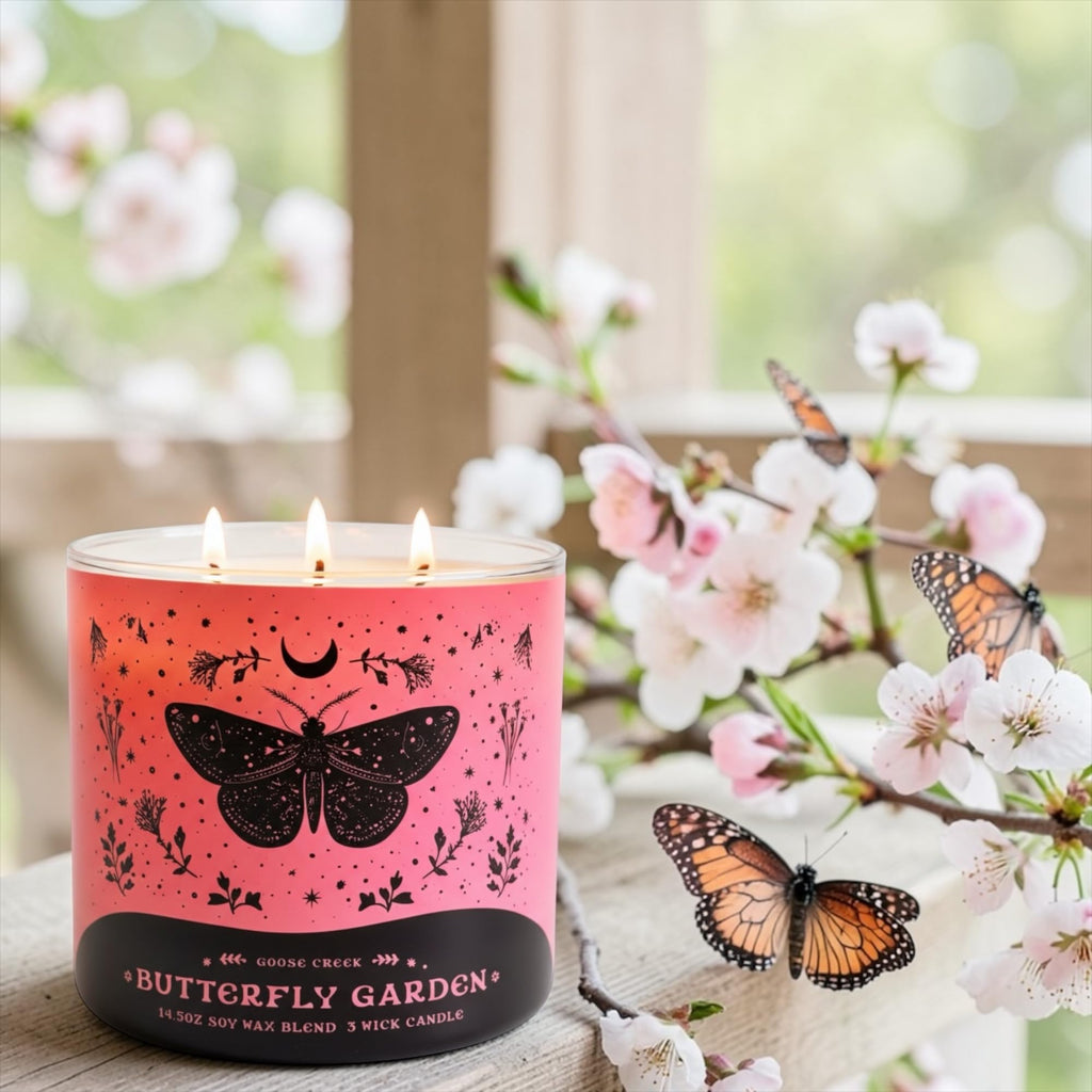 Butterfly Garden 3-Wick Candle with Artisan Bar Soap, 14.5 oz Soy Wax Blend, Apple Blossom, Jasmine & Coconut Milk