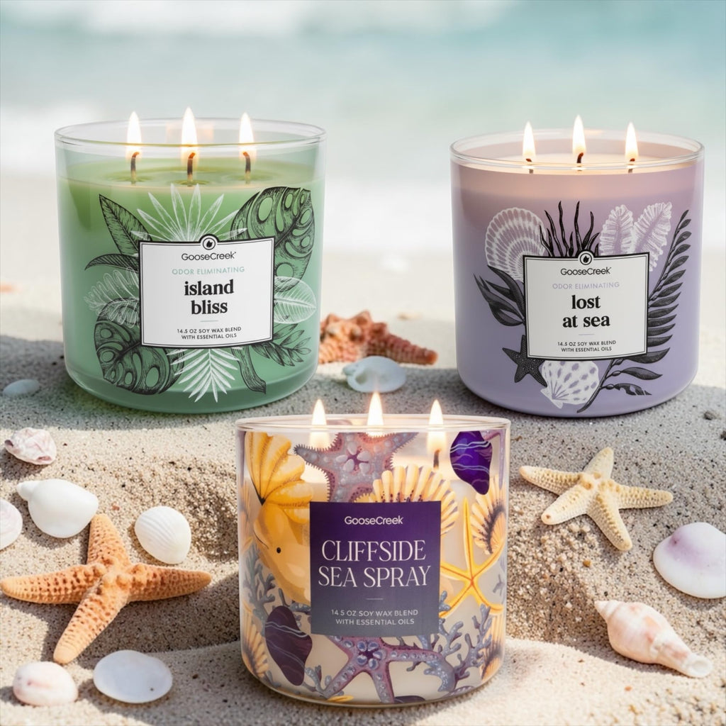 Soy Wax Blend Scented Candle, 14.5 oz, Odor Eliminating, Ocean and Tropical Themes, with Essential Oils