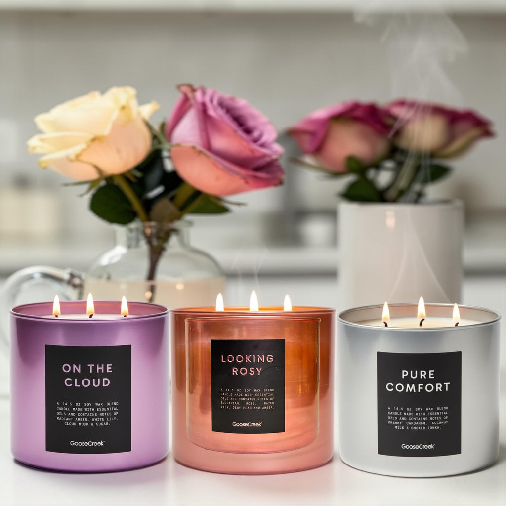 Soy Wax Blend Scented Candles, 14.5 oz, Set of 3, with Natural Essential Oils, Pure Comfort, Looking Rosy, on the Cloud