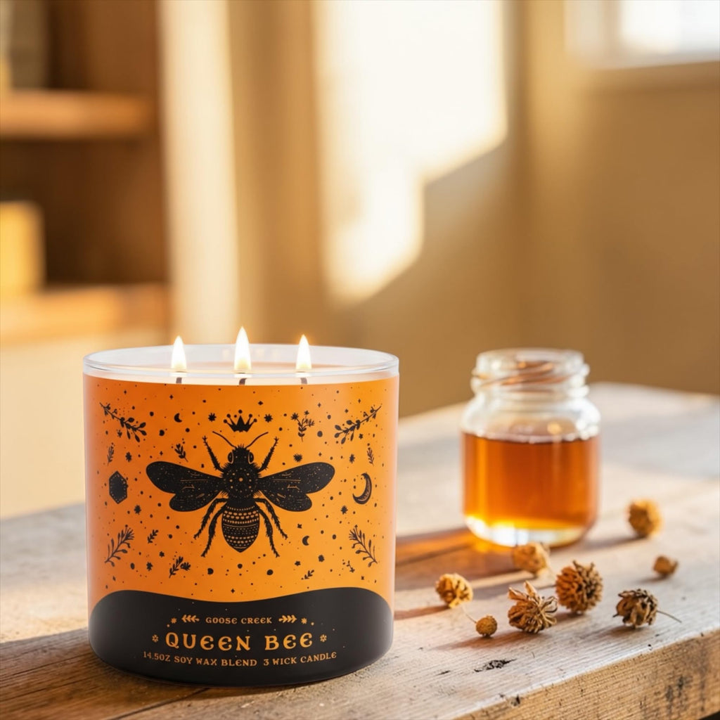 Queen Bee Scented Candle with Artisanal Shortcake Soap, Floral Manuka Honey Bergamot Butterfly Pea, 14.5 Oz Soy Wax Blend, 3 Wick, Round Glass Jar