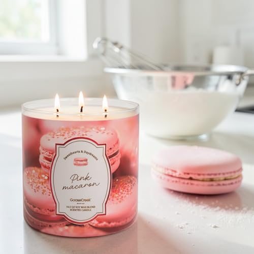 Pink Macaron Scented Candle, 14.5 oz Soy Wax Blend Toasted Almonds Pink Raspberries Fluffy Meringue Powdered Sugar with Artisanal Shortcake Soap Gift,