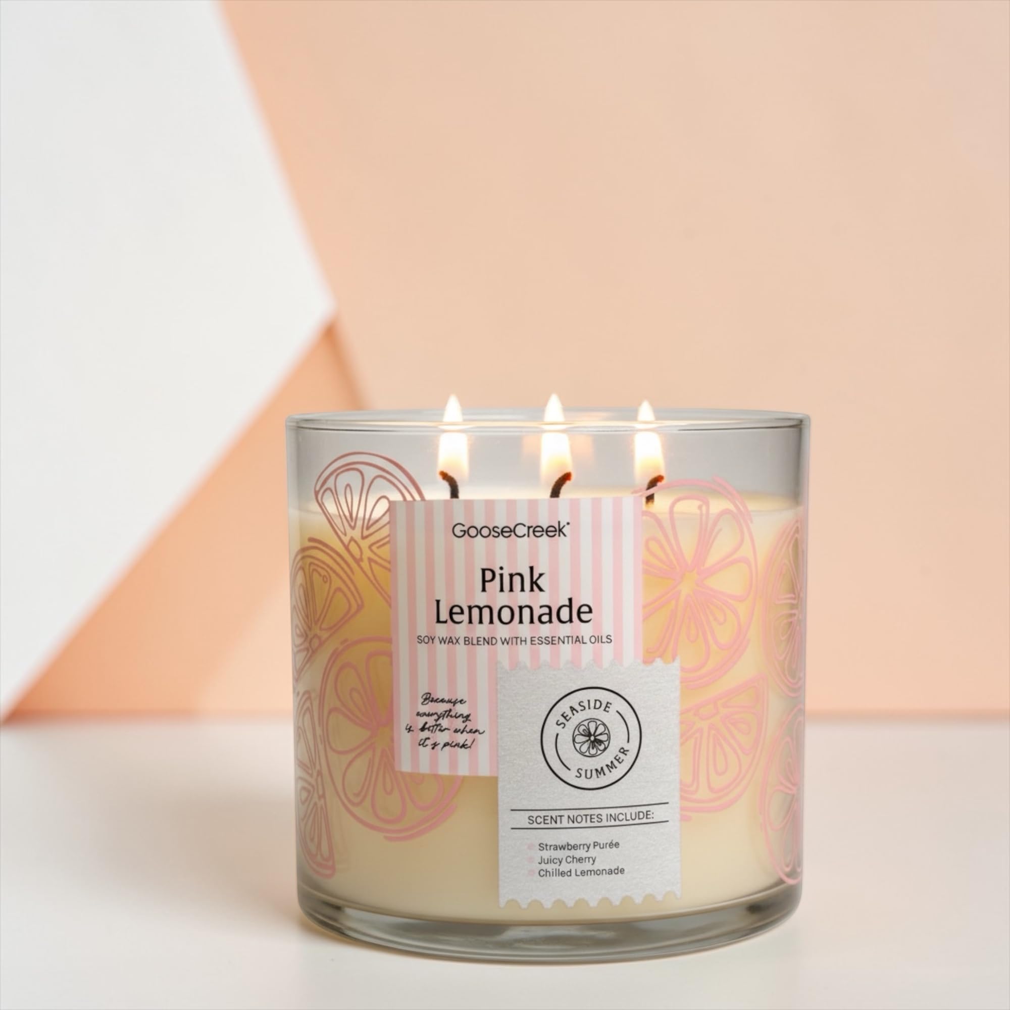Pink Lemonade Scented Candle, Soy Wax Blend with Essential Oils, Strawberry Purée, Juicy Cherry & Chilled Lemonade