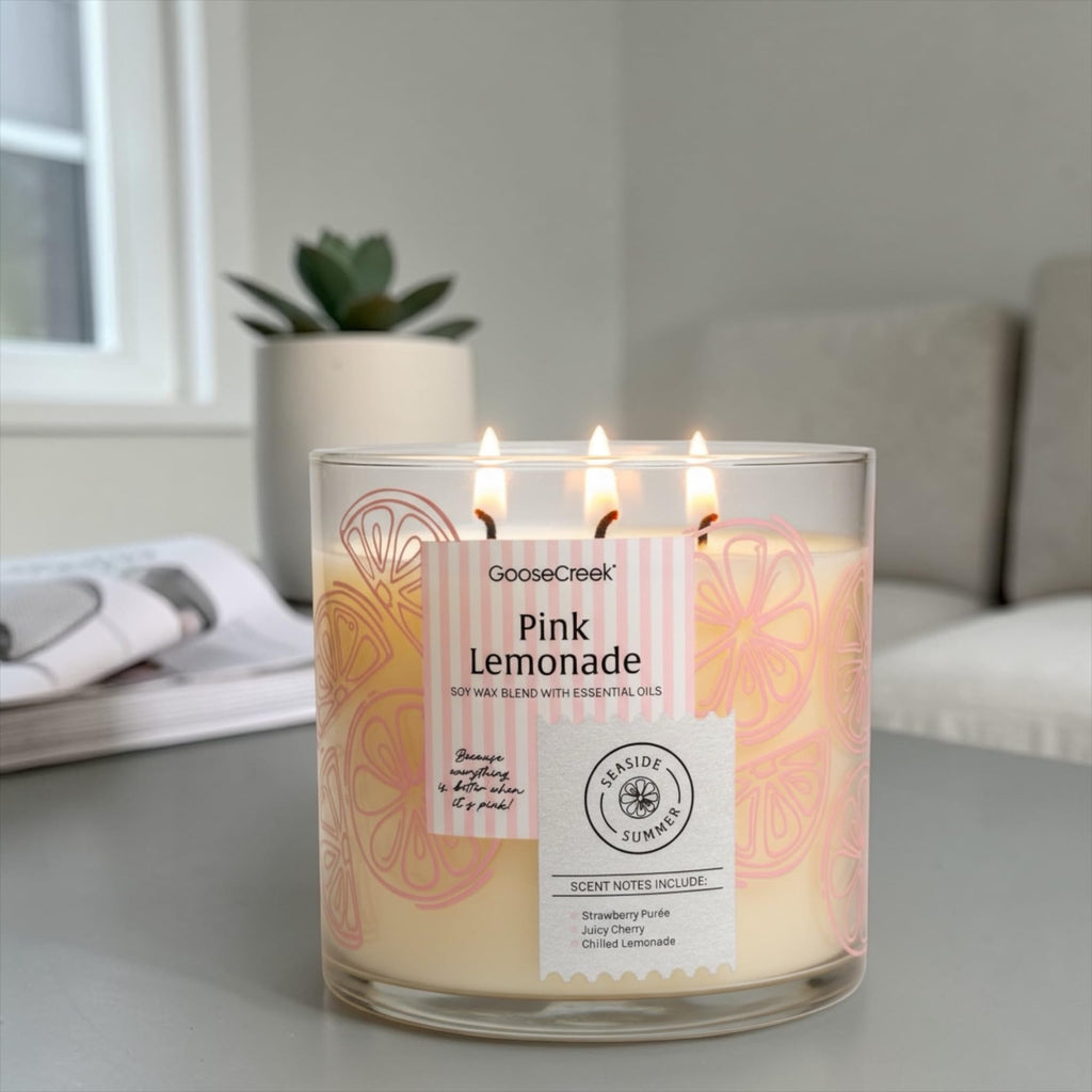Pink Lemonade Scented Candle, Soy Wax Blend with Essential Oils, Strawberry Purée, Juicy Cherry & Chilled Lemonade
