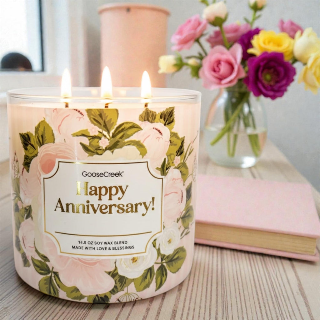 Goose Creek Happy Anniversary Candle, Soy Wax Blend, 14.5 oz, Three Wick, Floral Design