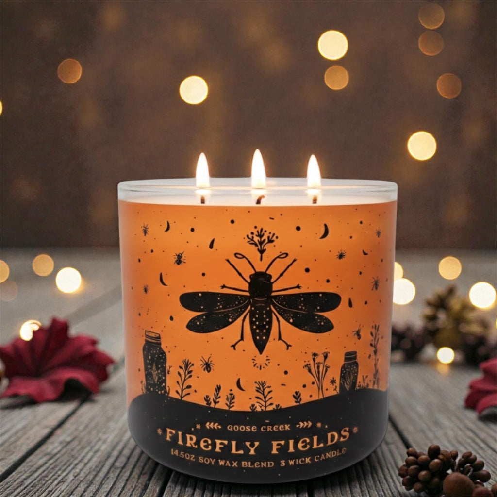 Goose Creek Firefly Fields Soy Wax Blend 3 Wick Candle, 14.5oz, Black Vanilla Scent & as a Gift Artisanal Shortcake soap.