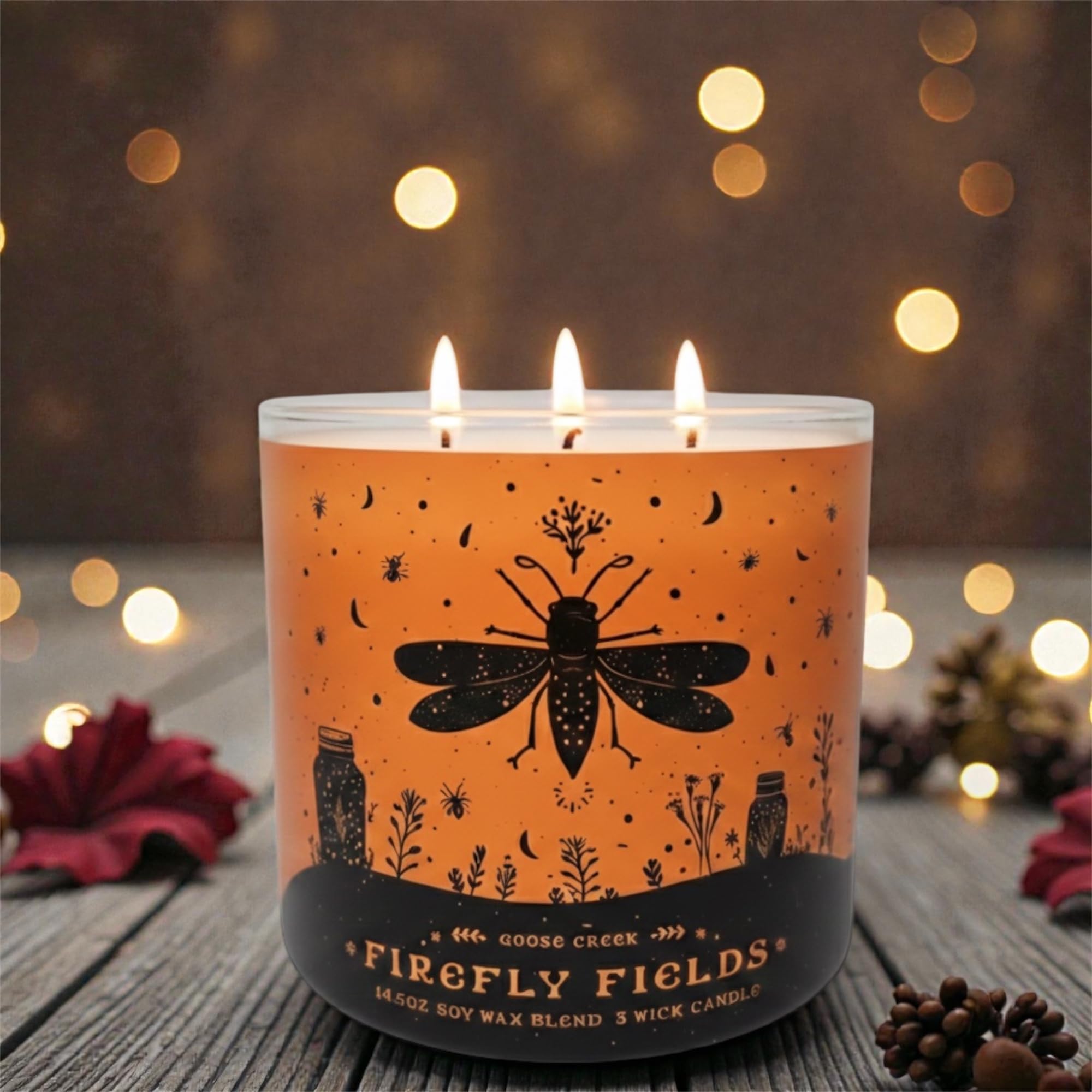 Goose Creek Firefly Fields Soy Wax Blend 3 Wick Candle, 14.5oz, Black Vanilla Scent & as a Gift Artisanal Shortcake soap.