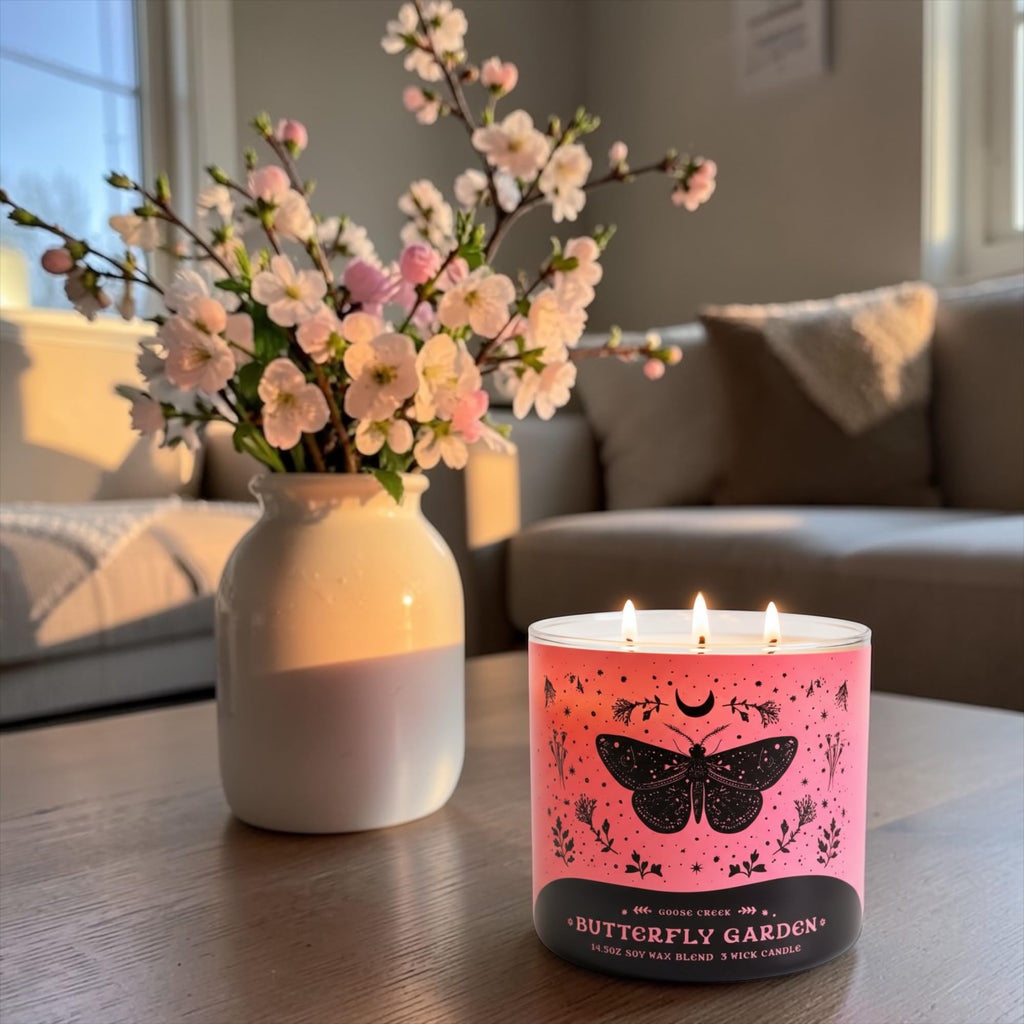 Butterfly Garden 3-Wick Candle with Artisan Bar Soap, 14.5 oz Soy Wax Blend, Apple Blossom, Jasmine & Coconut Milk