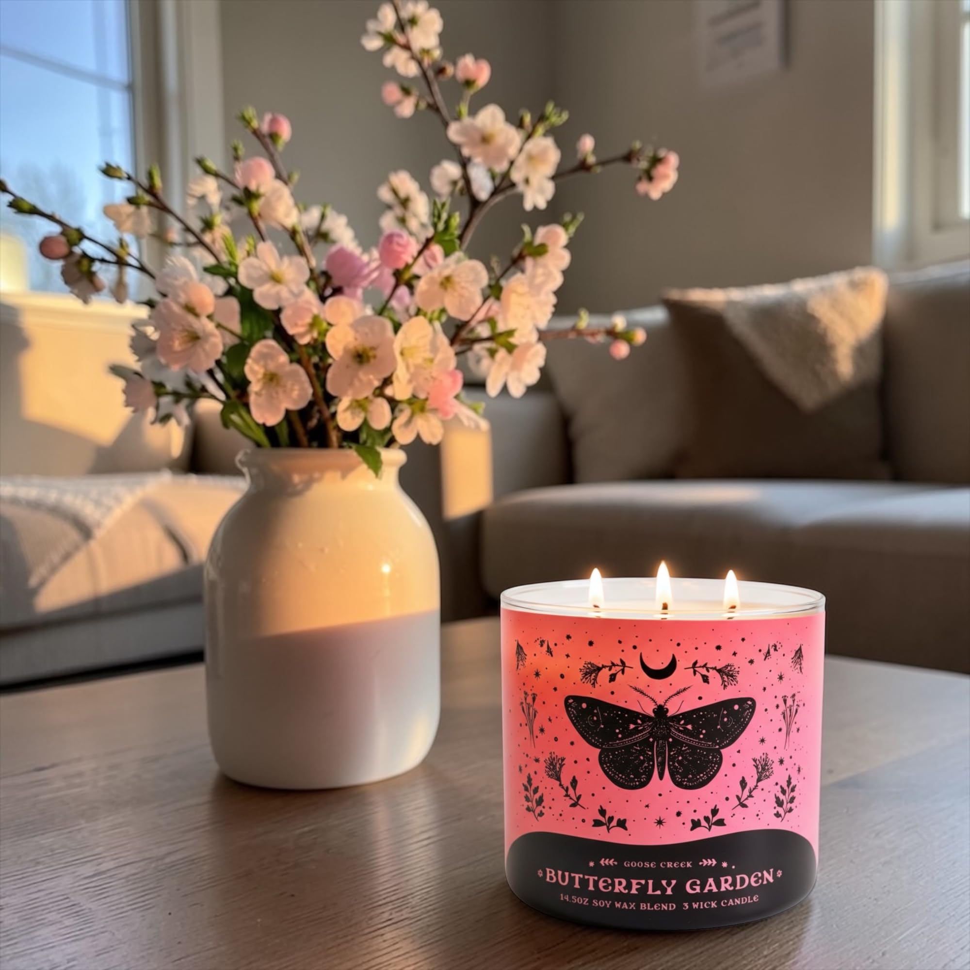Butterfly Garden 3-Wick Candle with Artisan Bar Soap, 14.5 oz Soy Wax Blend, Apple Blossom, Jasmine & Coconut Milk