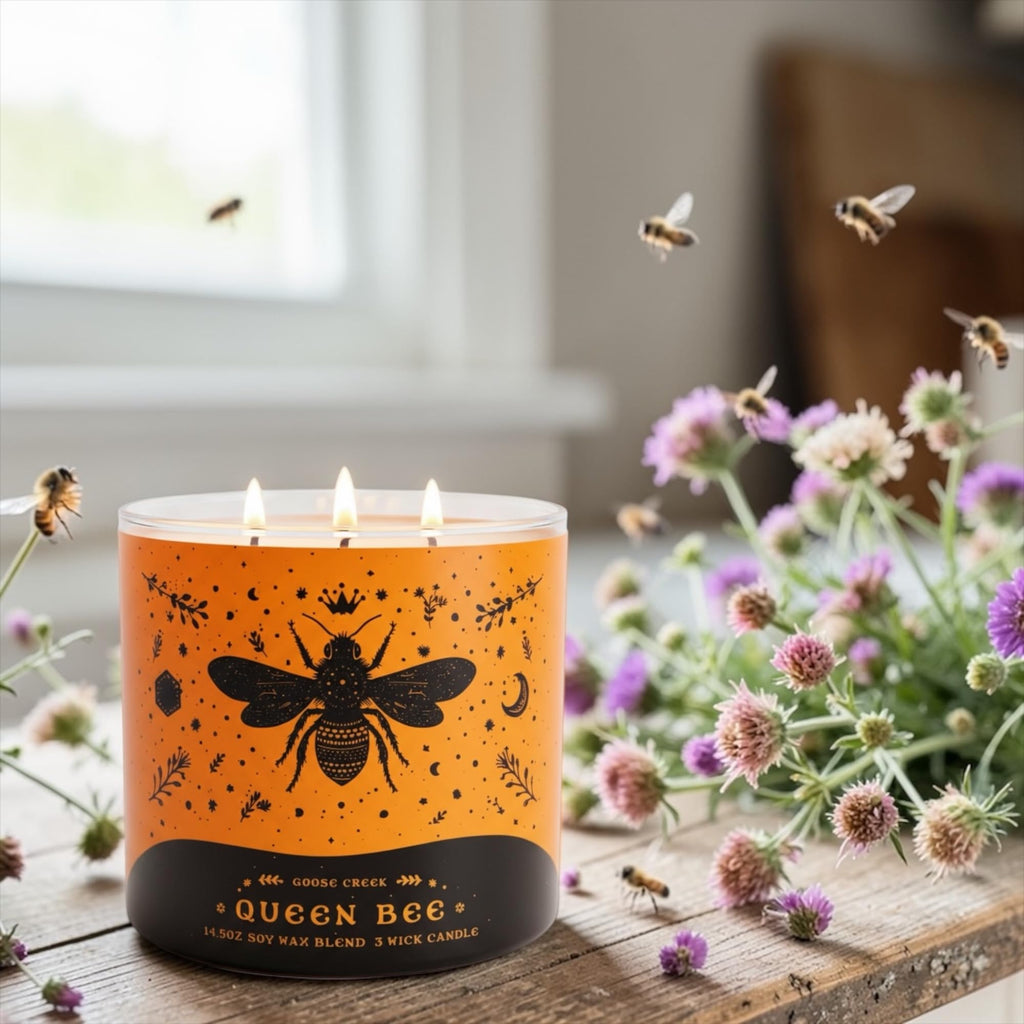 Queen Bee Scented Candle with Artisanal Shortcake Soap, Floral Manuka Honey Bergamot Butterfly Pea, 14.5 Oz Soy Wax Blend, 3 Wick, Round Glass Jar