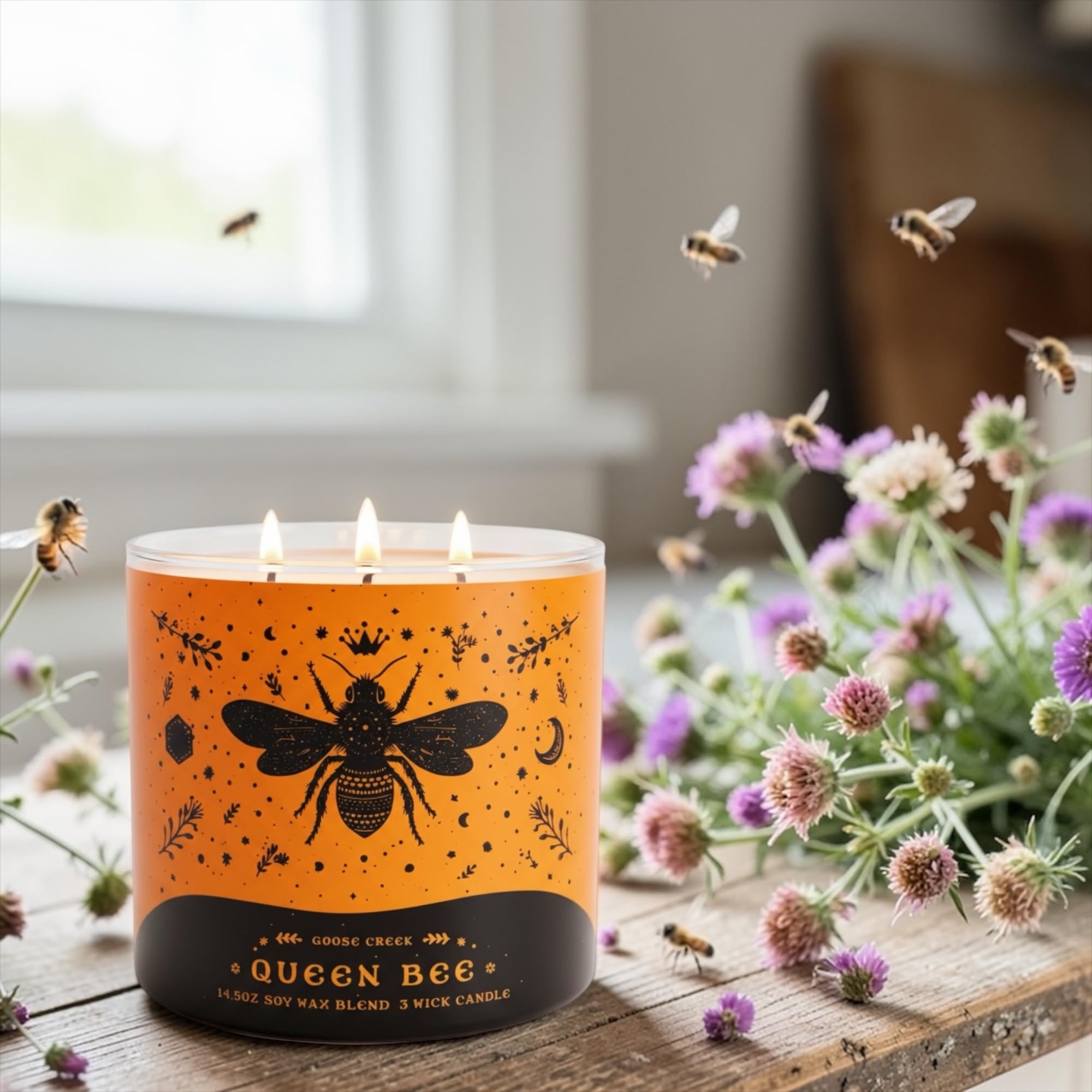 Queen Bee Scented Candle with Artisanal Shortcake Soap, Floral Manuka Honey Bergamot Butterfly Pea, 14.5 Oz Soy Wax Blend, 3 Wick, Round Glass Jar