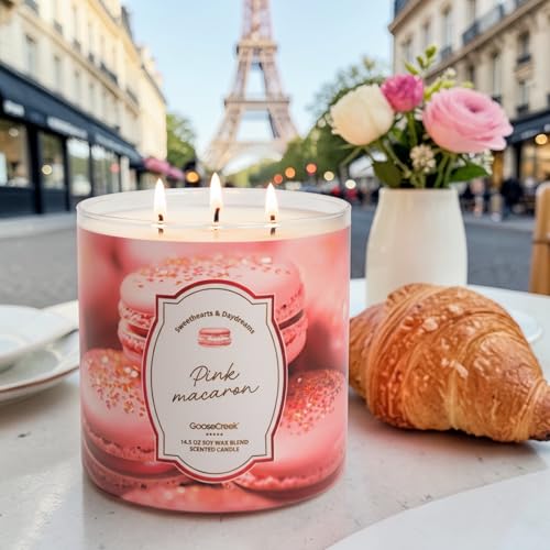 Pink Macaron Scented Candle, 14.5 oz Soy Wax Blend Toasted Almonds Pink Raspberries Fluffy Meringue Powdered Sugar with Artisanal Shortcake Soap Gift,