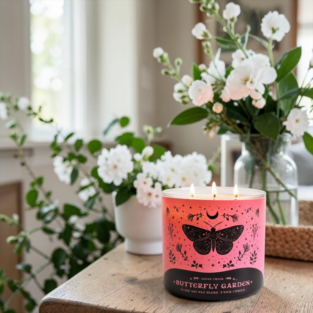 Butterfly Garden 3-Wick Candle with Artisan Bar Soap, 14.5 oz Soy Wax Blend, Apple Blossom, Jasmine & Coconut Milk
