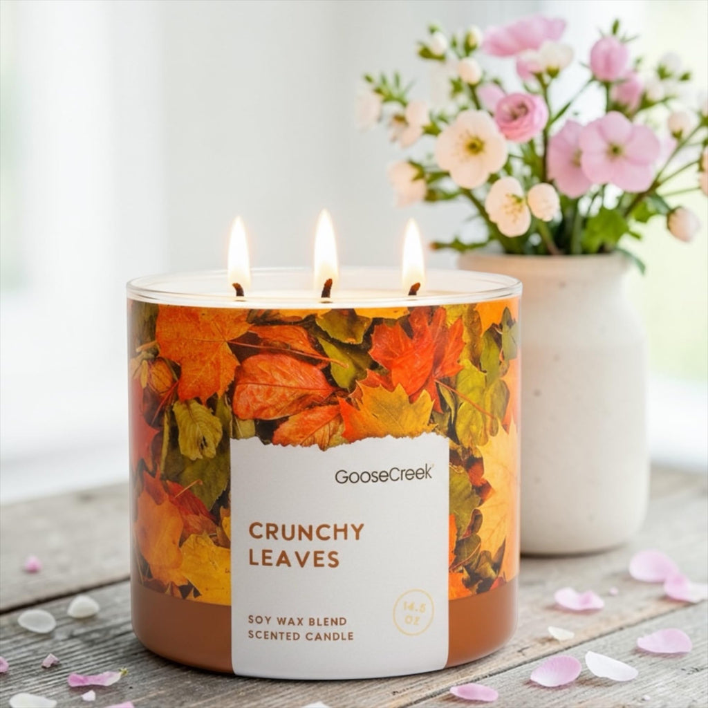 Crunchy Leaves Scented Candle, Soy Wax Blend, 3-Wick, Autumn Leaves, Bright Citrus & Sweet Cinnamon, 14.5 oz