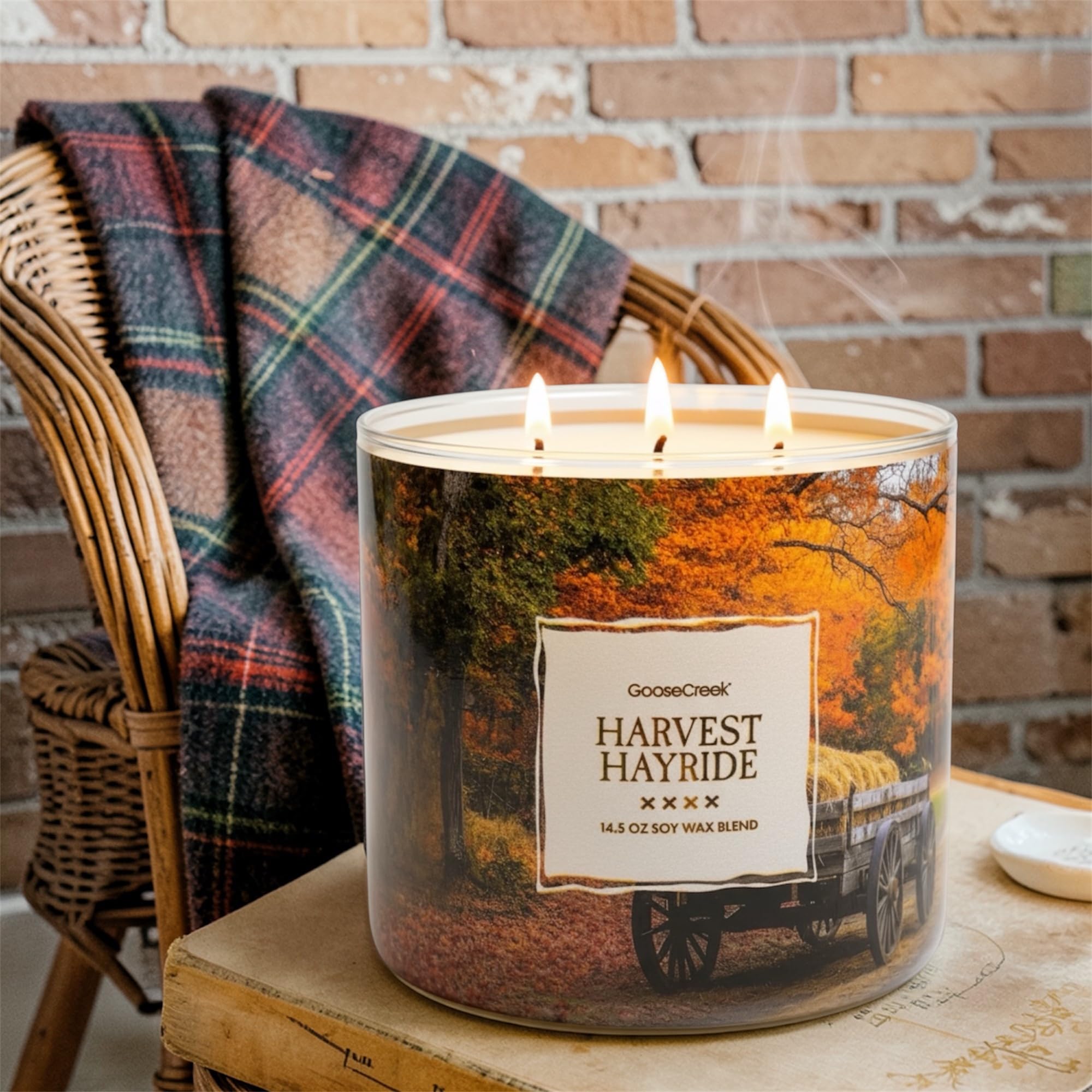 Harvest Hayride Scented Candle, Soy Wax Blend, Orchard Apple, Spiced Pumpkin, Mountain Hay, Warm Cedar, 14.5 oz