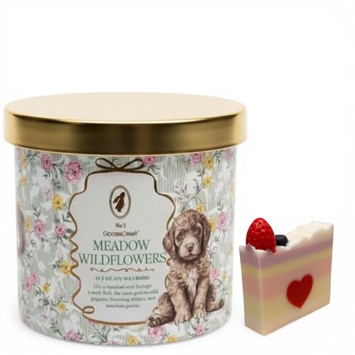 Meadow Wildflowers Scented Candle, 14.5 oz Soy Wax Blend with Artisanal Shortcake Soap Gift