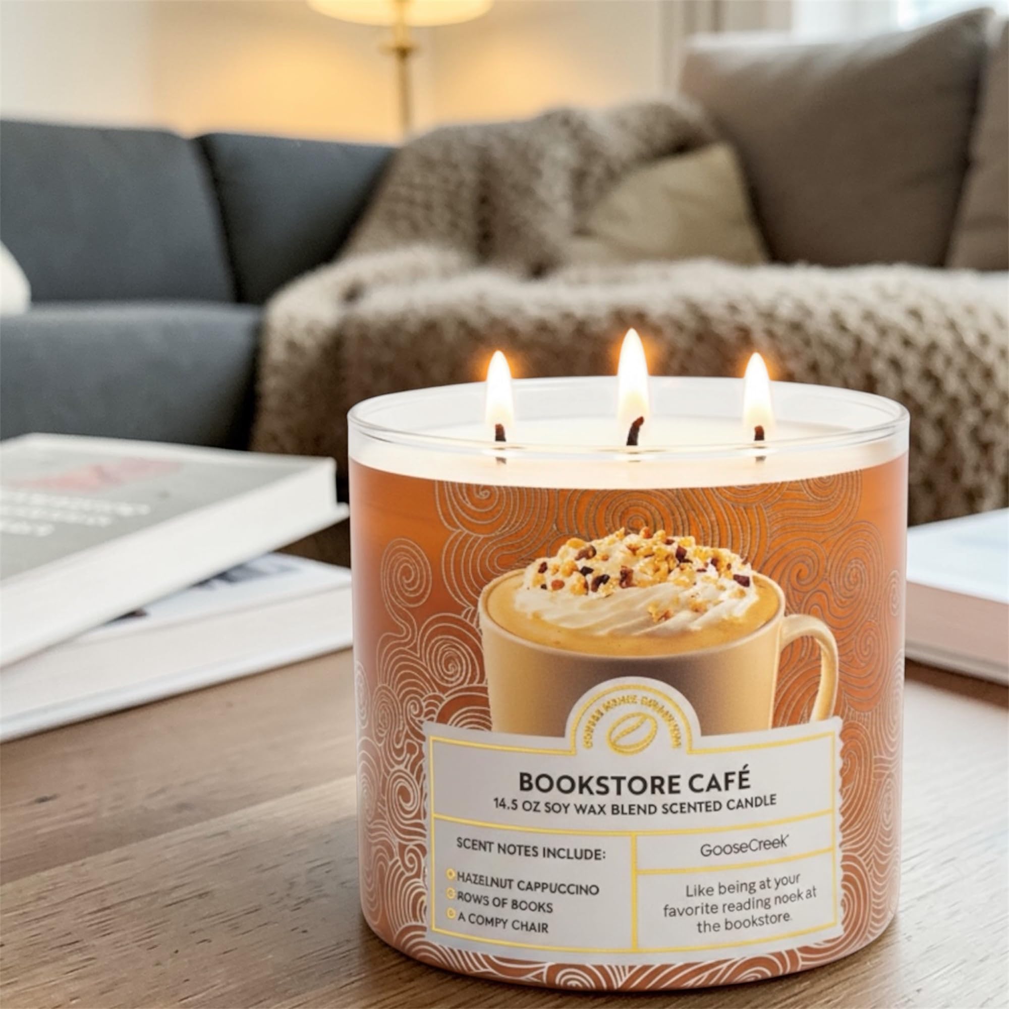 Bookstore Café Scented Candle, 3-Wick, Soy Wax Blend, 14.5 oz, Hazelnut Cappuccino Scent