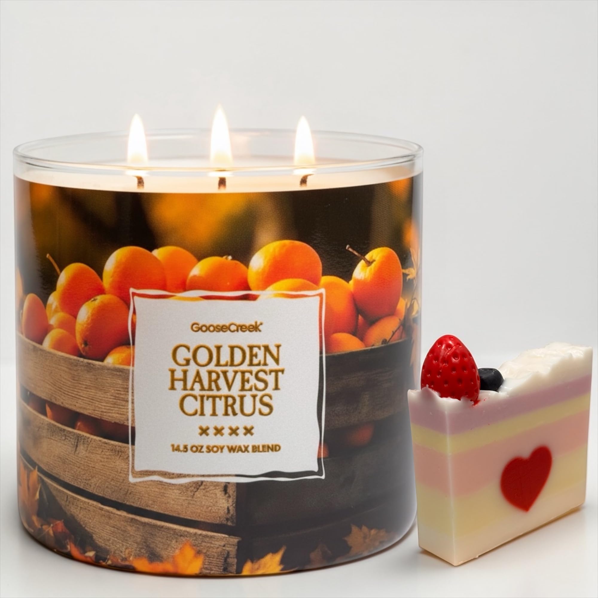 Golden Harvest Citrus 3-Wick Candle, 14.5 oz Soy Wax Blend, Sunwashed Citrus, Autumn Spice, Golden Leaves