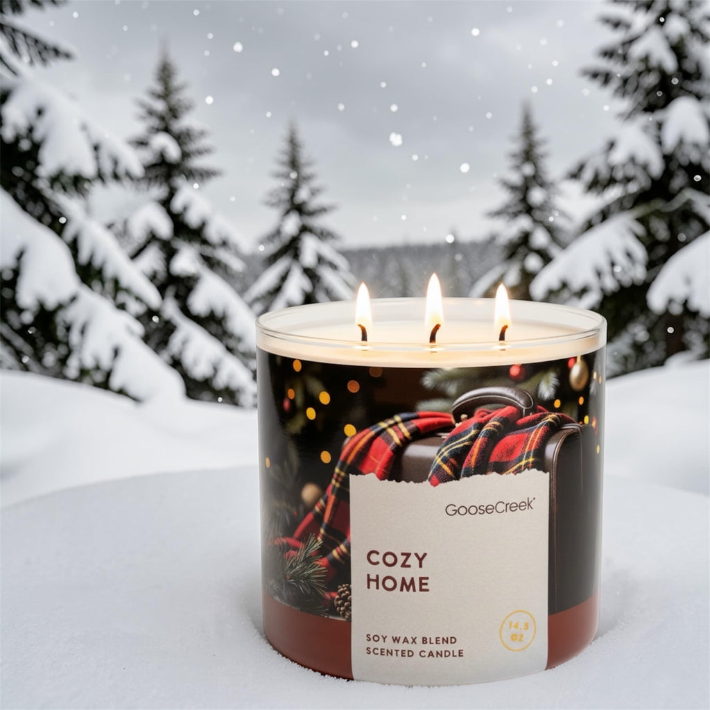 Cozy Home 3-Wick Scented Candle, Soy Wax Blend, Warm Woods, Toasted Coconut, Soft Cashmere, Creamy Amber, 14.5 oz