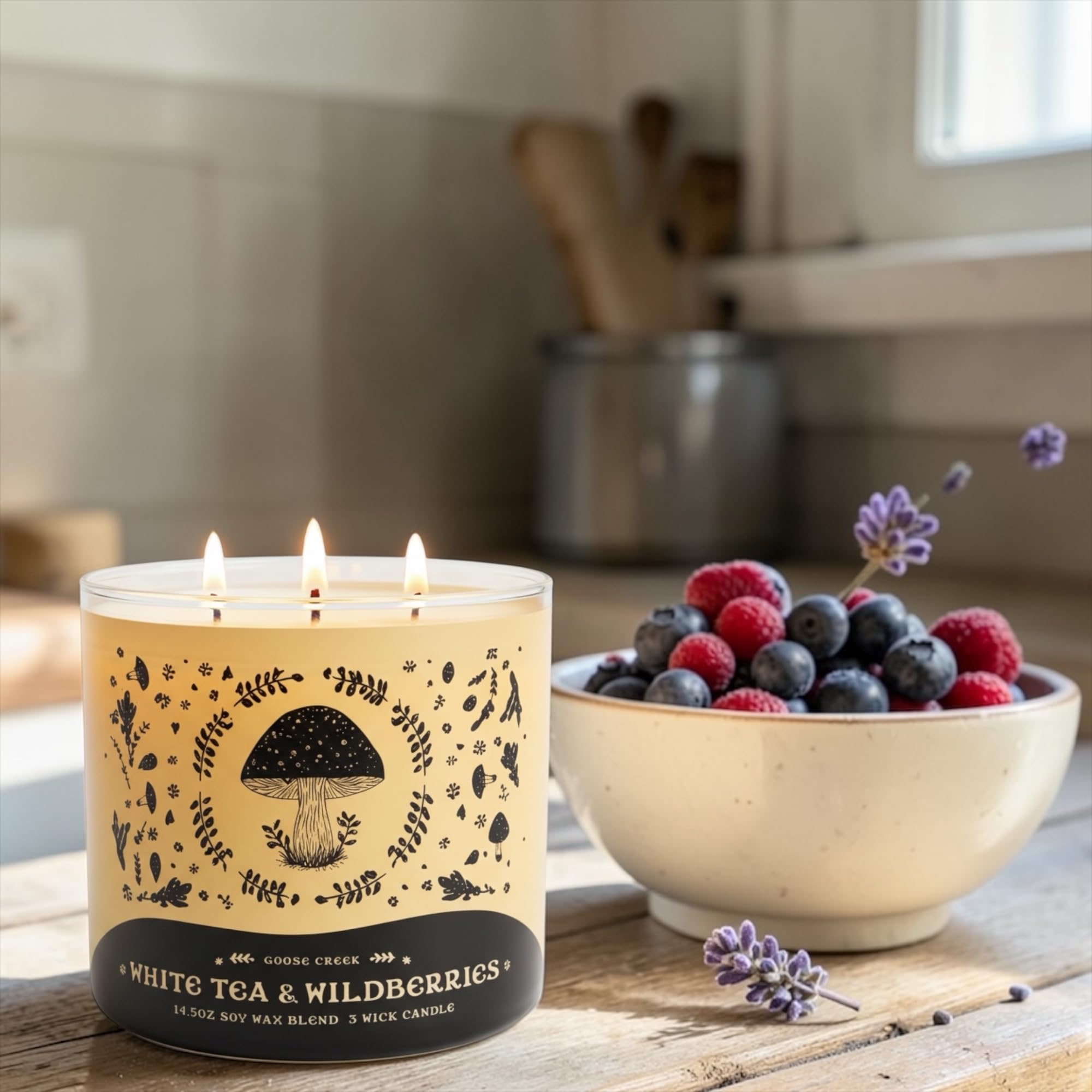 White Tea & Wildberries Scented Candle, 14.5oz Soy Wax Blend, 3 Wick, with Artisanal Shortcake Soap Gift