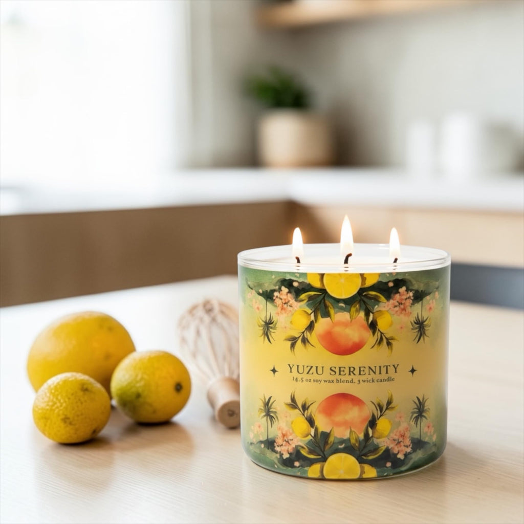 Yuzu Serenity Soy Wax Blend Candle, 14.5 oz, 5 Wick, Fruity Scent with Lemon Balm, Yuzu and Green Tea, Includes Shortcake Soap Gift