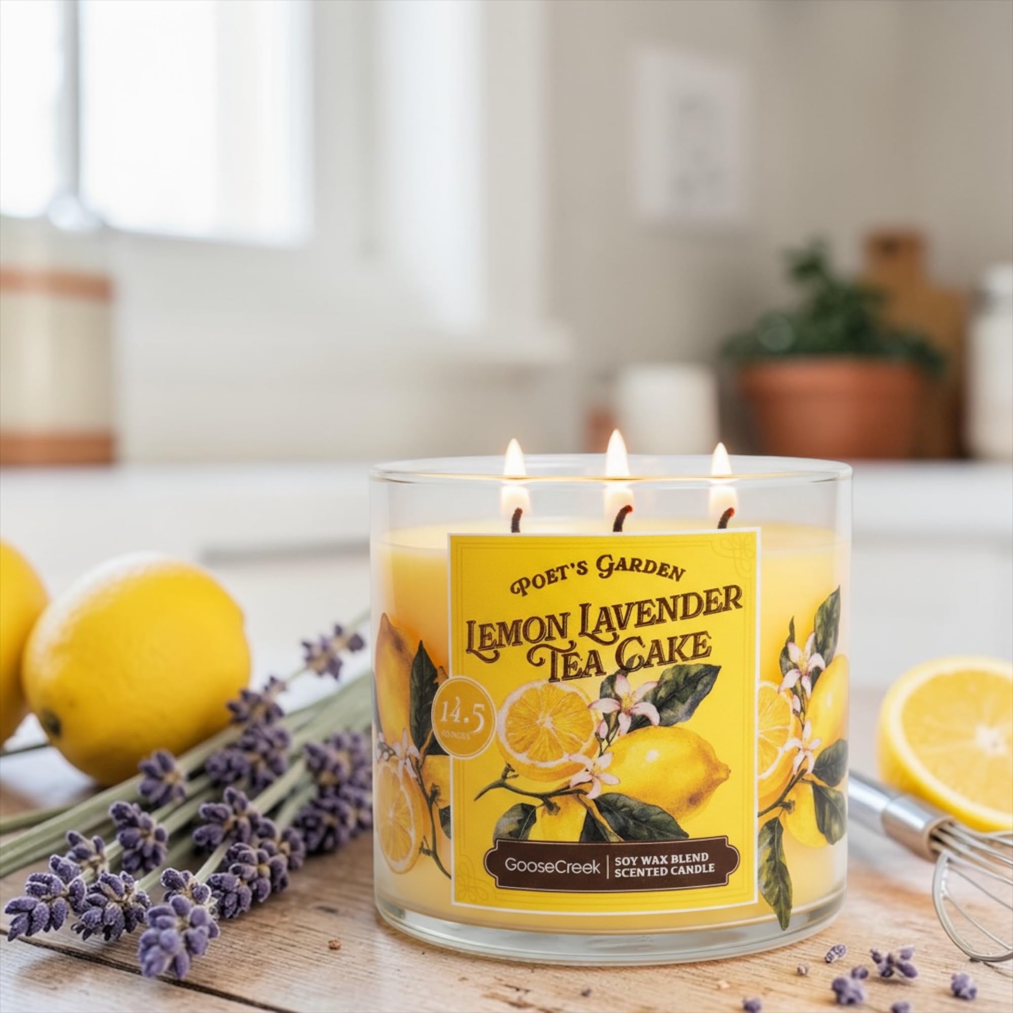 Lemon Lavender Tea Cake Scented Candle, 14.5 Ounce, 3 Wick, Round Glass Jar with Artisanal Soap Gift