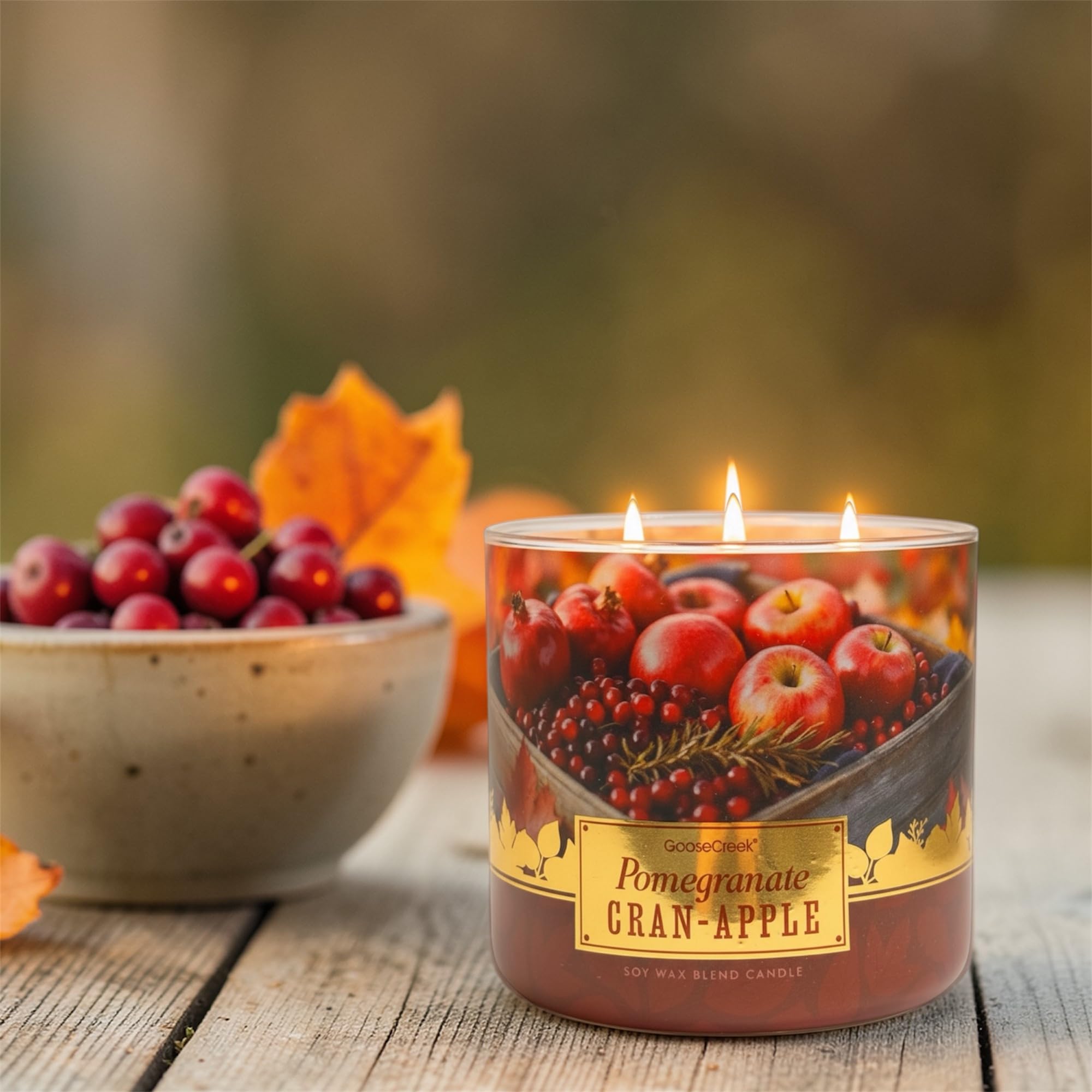 Pomegranate Cran-Apples Soy Wax Blend Candle, 3-Wick, Sweet Cinnamon Bun, Tart Cranberries, Red Apples, Creamy Spices
