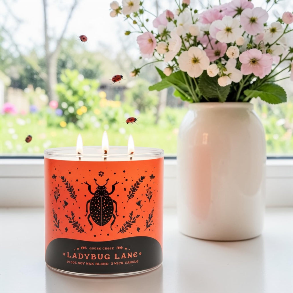 Ladybug Lane Scented Candle, 14.5oz Soy Wax Blend 3 Wick, Orchard Peach Raspberry Wildflower Fragrance & Artisanal Shortcake Soap Gift