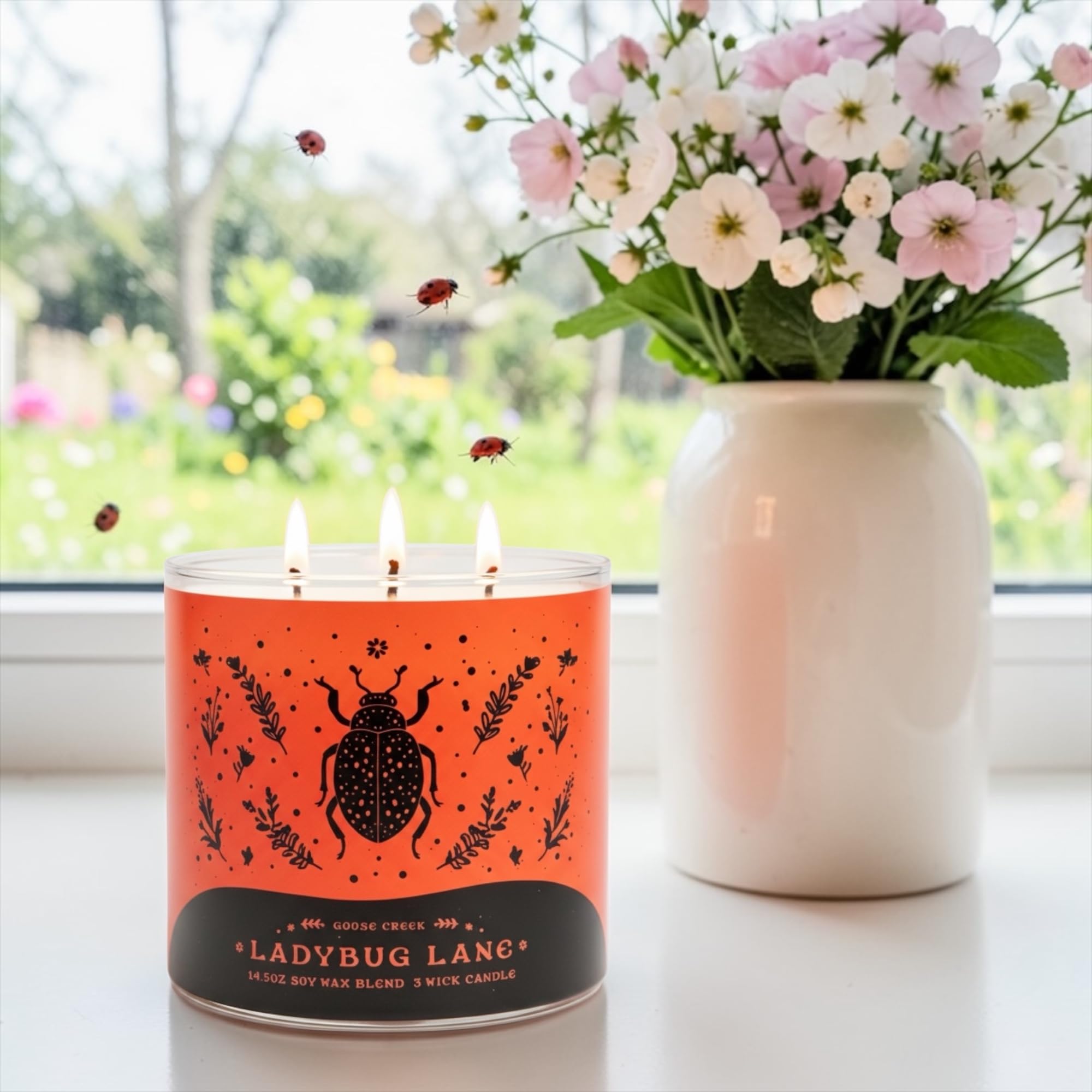 Ladybug Lane Scented Candle, 14.5oz Soy Wax Blend 3 Wick, Orchard Peach Raspberry Wildflower Fragrance & Artisanal Shortcake Soap Gift