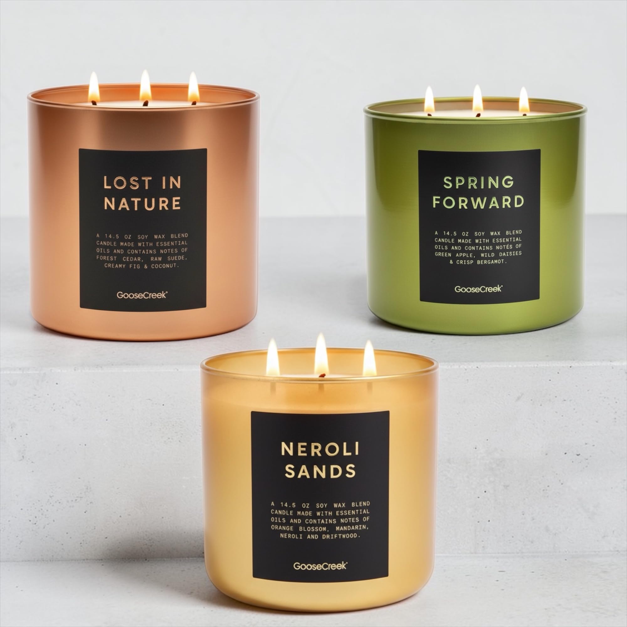 Soy Wax Blend Scented Candles with Natural Essential Oils, Set of 3, Lost in Nature, Spring Forward, Neroli Sands