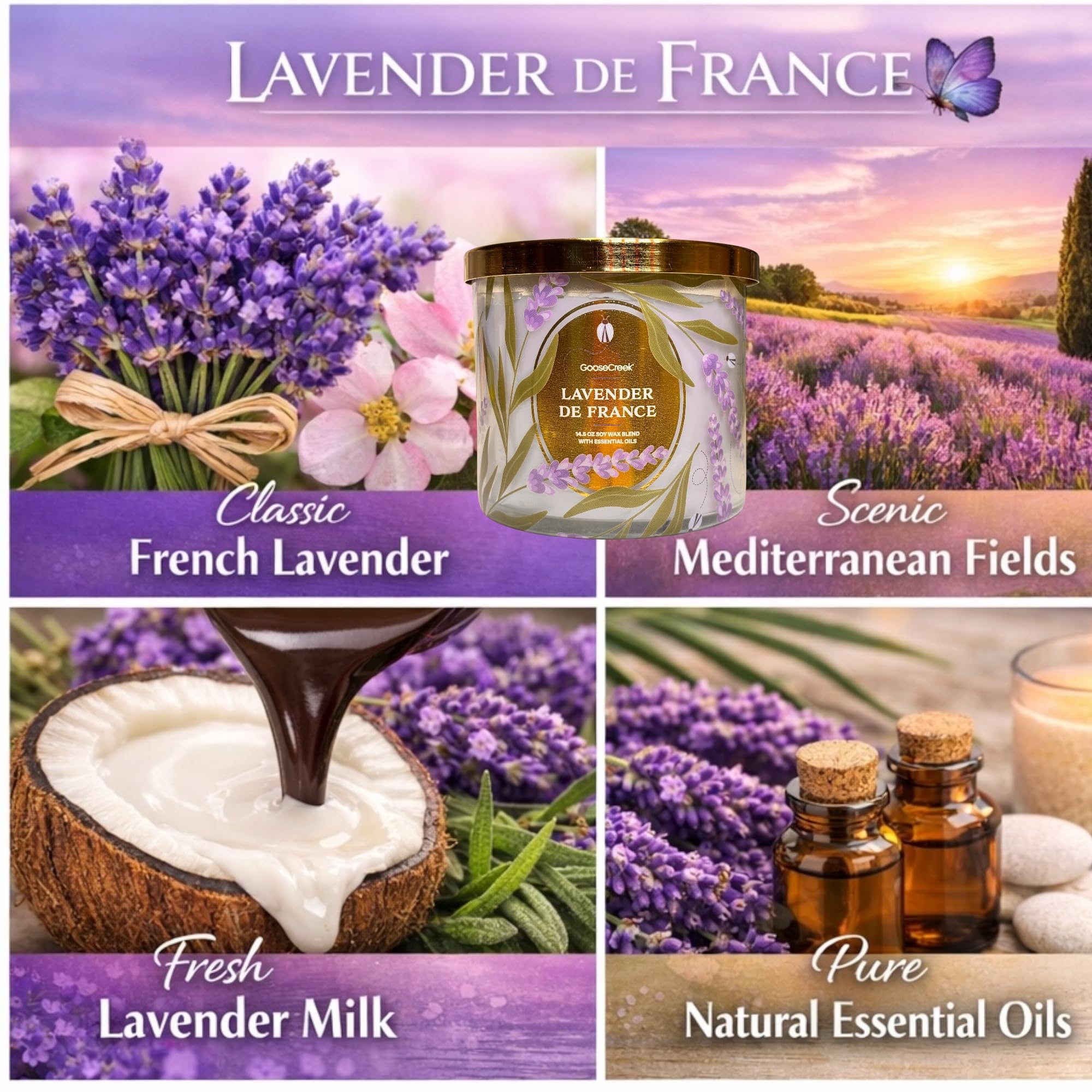 Butterfly Garden, Lavender de France & Farmhouse Lavender Scented Candles, Soy Wax Blend with Essential Oils, 14.5 oz