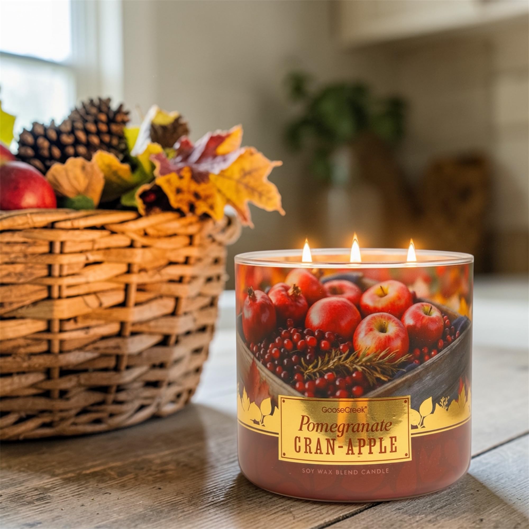 Pomegranate Cran-Apples Soy Wax Blend Candle, 3-Wick, Sweet Cinnamon Bun, Tart Cranberries, Red Apples, Creamy Spices