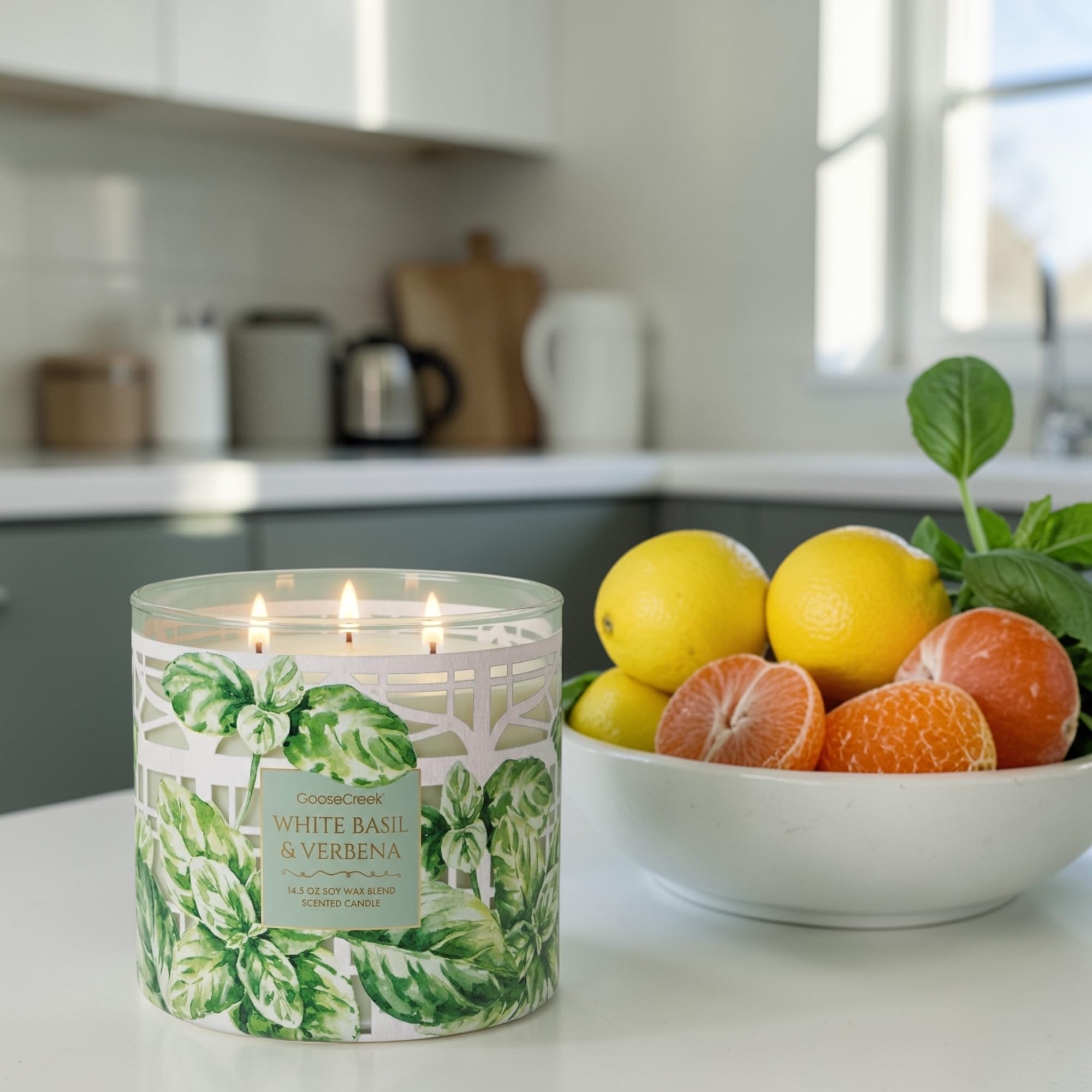 White Basil & Verbena Scented Candle, 14.5 oz Soy Wax Blend, Gold Lid