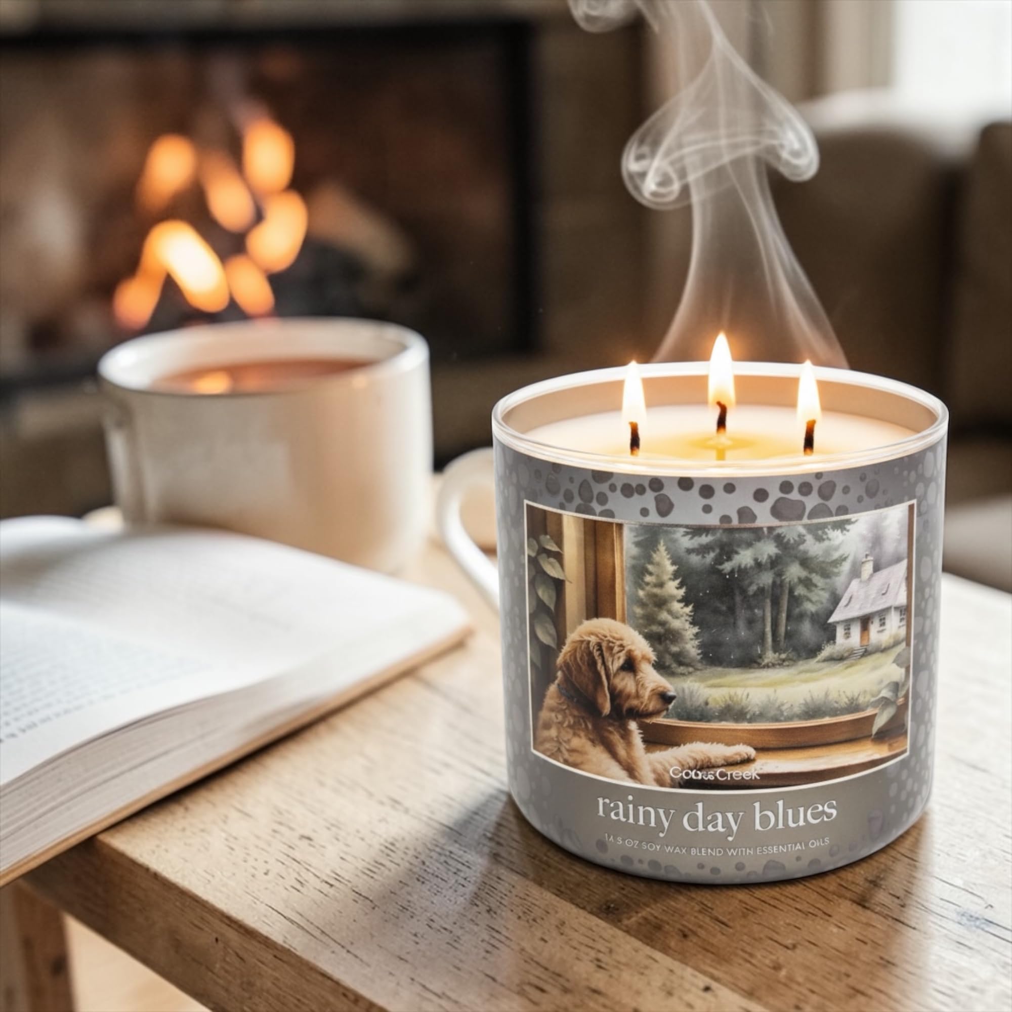 Rainy Day Blues Scented Candle, 14.5 oz Soy Wax Blend with Essential Oils, Fresh Rain, Wet Moss, Blue Eucalyptus & Dewy Apples