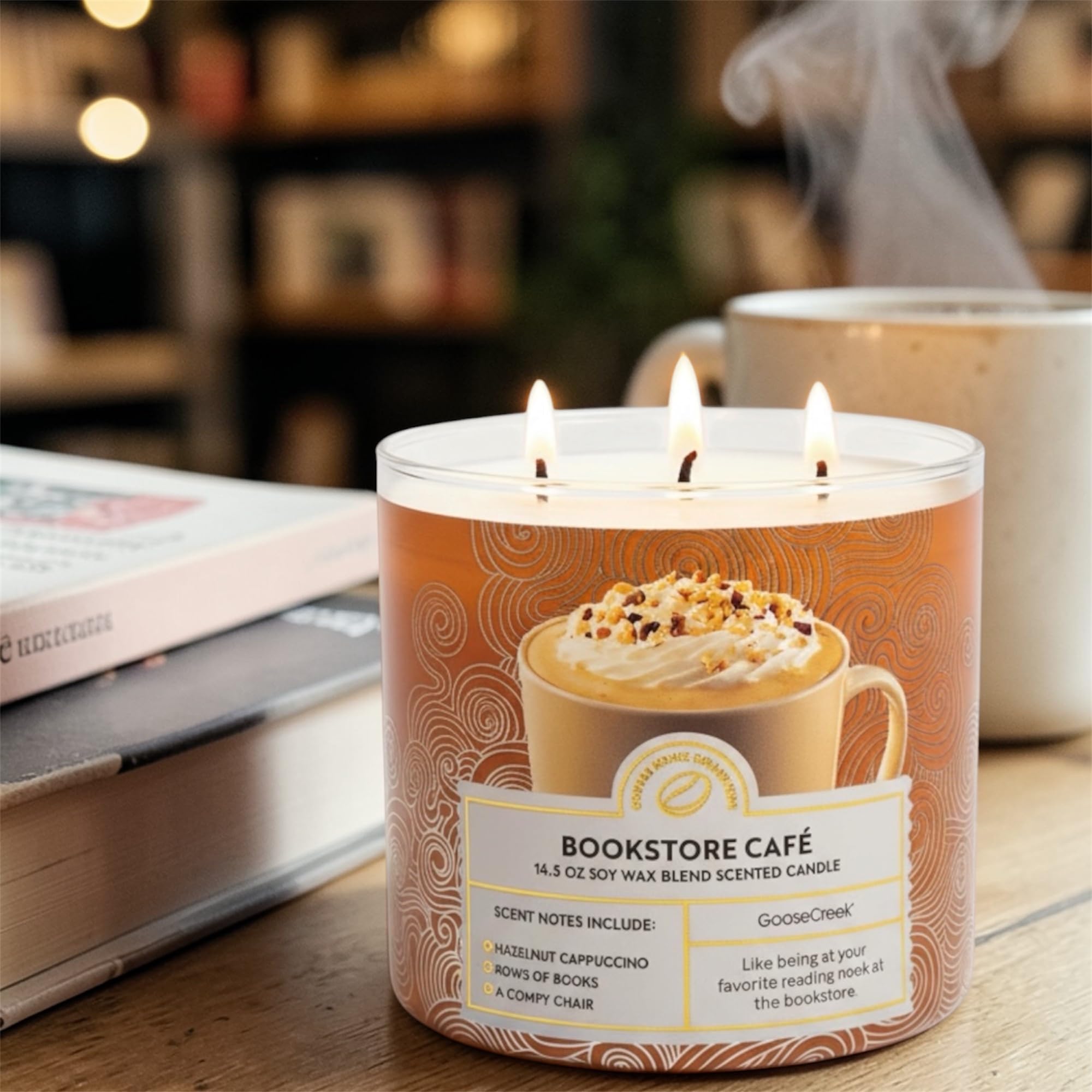 Bookstore Café Scented Candle, 3-Wick, Soy Wax Blend, 14.5 oz, Hazelnut Cappuccino Scent
