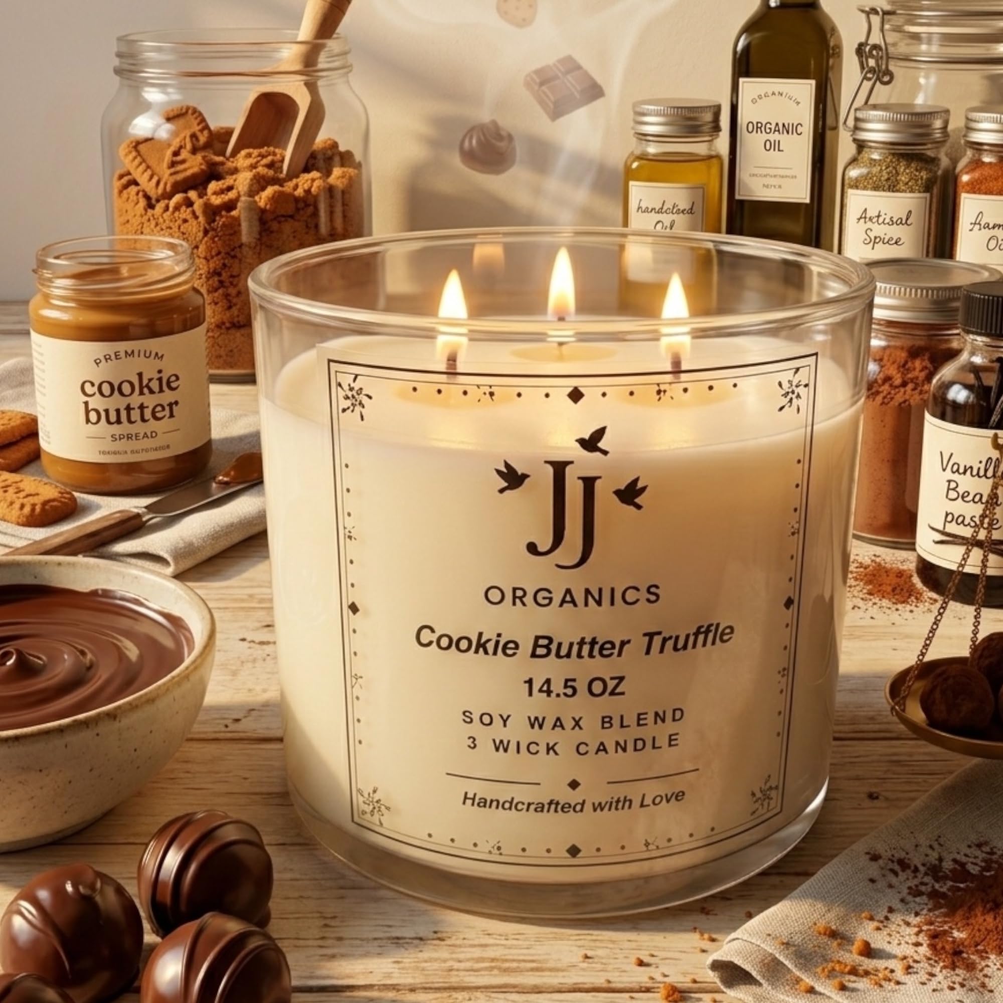 JJ Organics Cookie Butter Truffle Candle, Soy Wax Blend, 3 Wick, 14.5 oz, Handcrafted