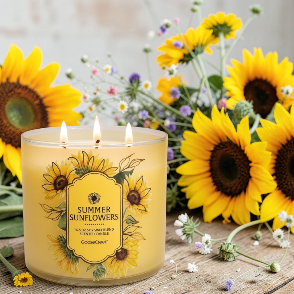 Summer Sunflowers Scented Candle, Soy Wax Blend, 14.5 oz with Artisanal Shortcake Soap Gift