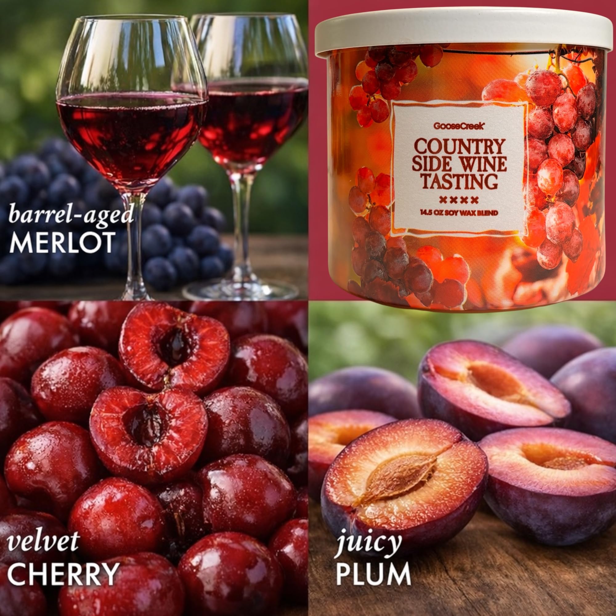 Country Side Wine Tasting 3-Wick Candle, Soy Wax Blend, Merlot, Cherry & Plum Scent, 14.5 oz