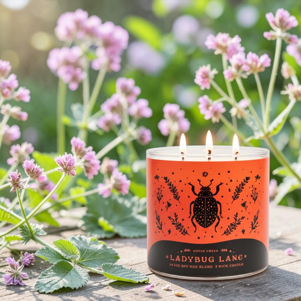 Ladybug Lane Scented Candle, 14.5oz Soy Wax Blend 3 Wick, Orchard Peach Raspberry Wildflower Fragrance & Artisanal Shortcake Soap Gift