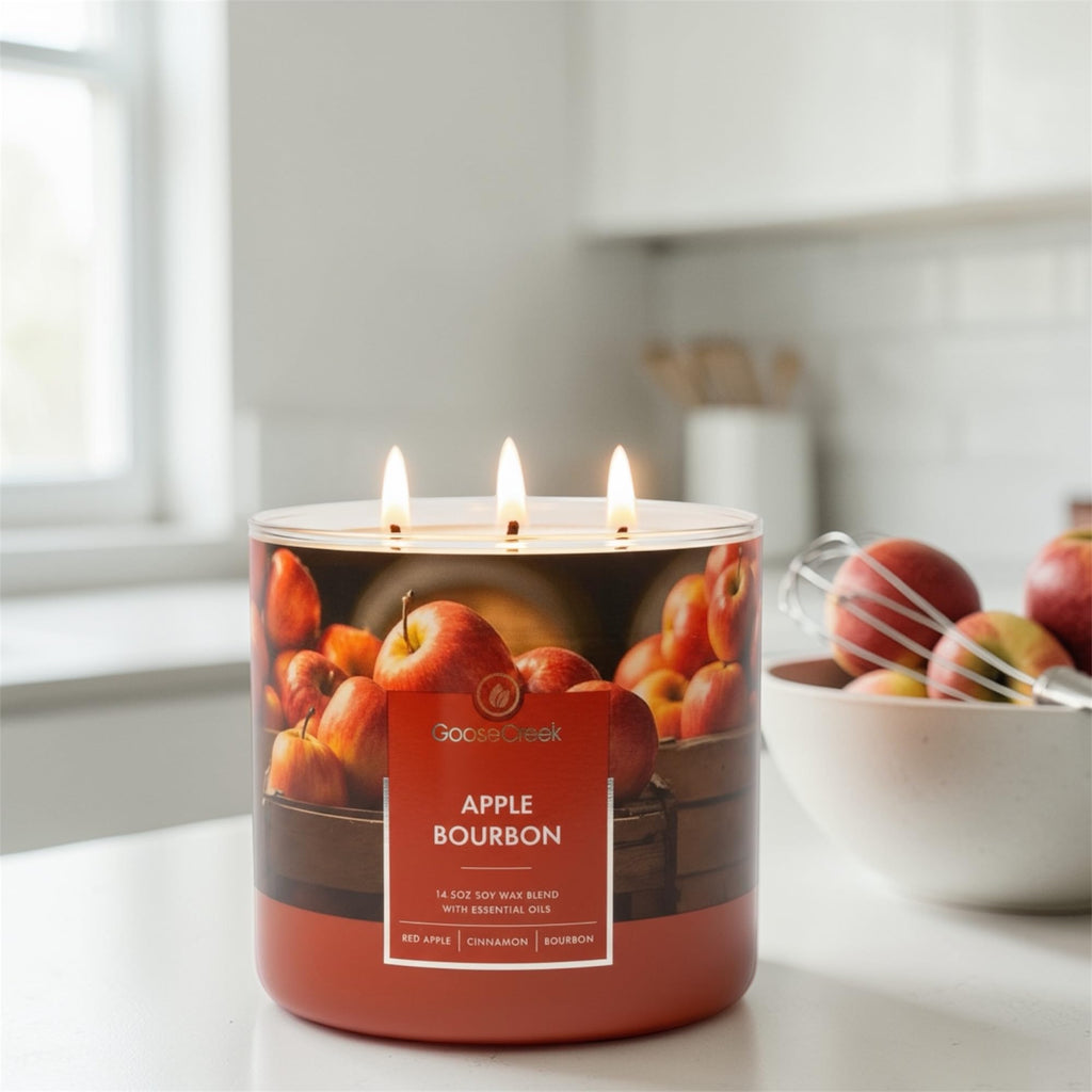 Apple Bourbon 3-Wick Candle, 14.5 oz Soy Wax Blend, Red Apple, Cinnamon Spice, Oak-Barrel Bourbon