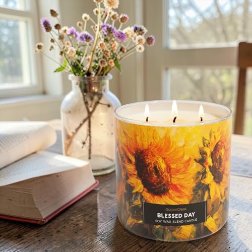Blessed Day Soy Wax Blend Candle with Sunflower Design, Scented with Apples, Pumpkin, Cinnamon, Includes Artisanal Goat Soap Gift.