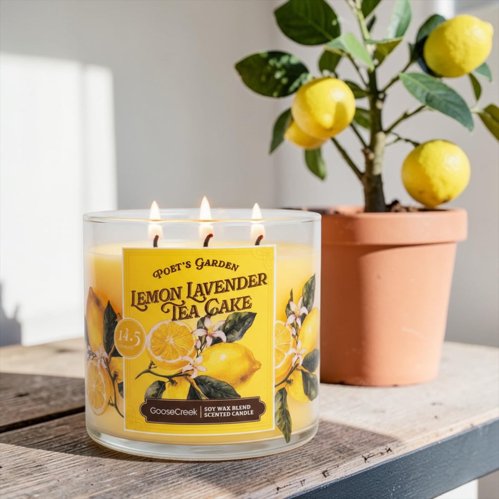 Lemon Lavender Tea Cake Scented Candle, 14.5 Ounce, 3 Wick, Round Glass Jar with Artisanal Soap Gift