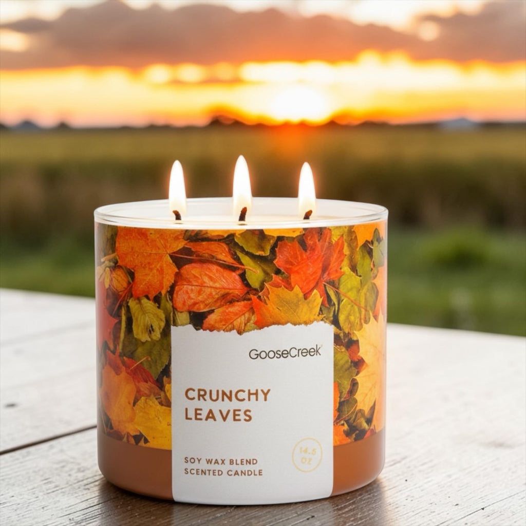 Crunchy Leaves Scented Candle, Soy Wax Blend, 3-Wick, Autumn Leaves, Bright Citrus & Sweet Cinnamon, 14.5 oz