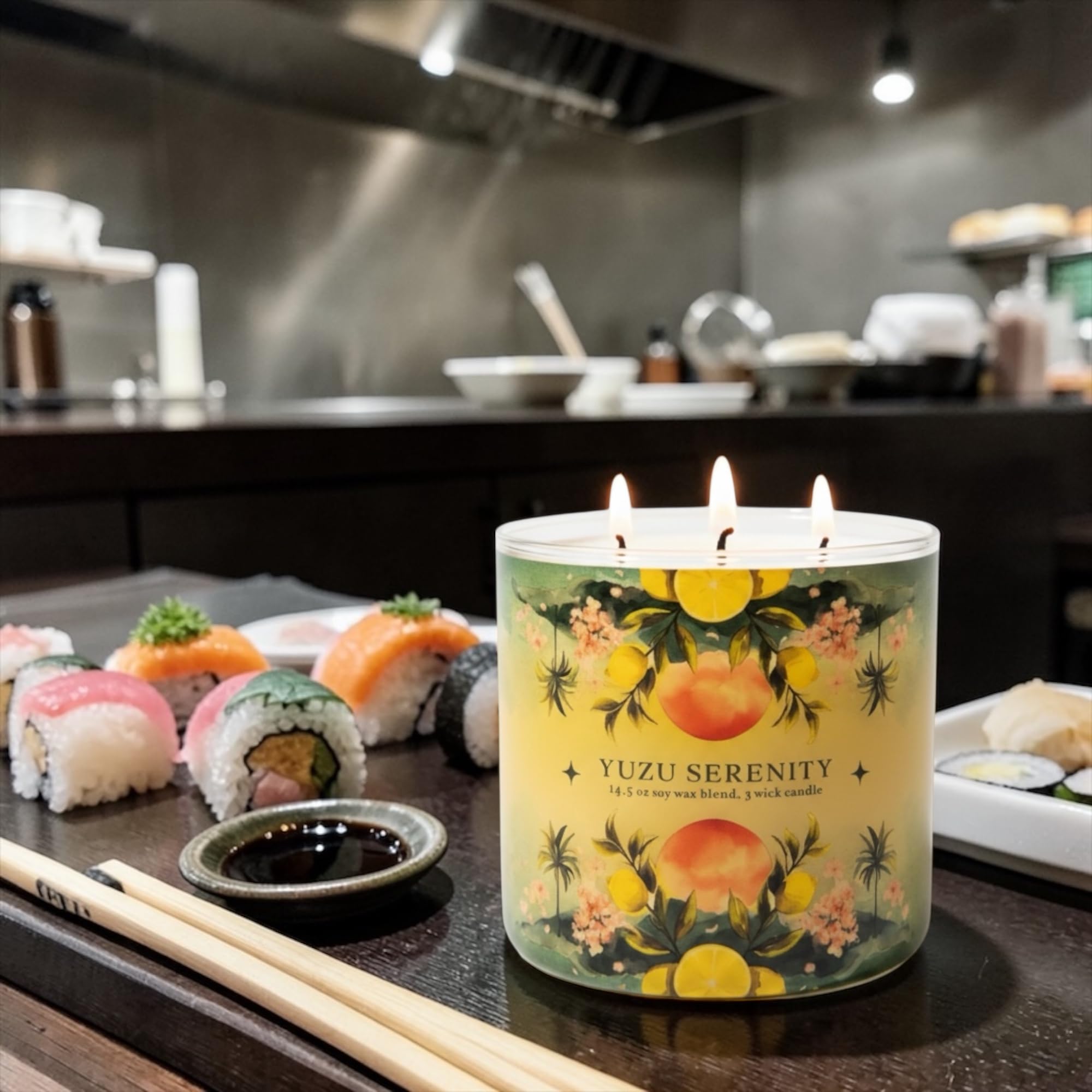 Yuzu Serenity Soy Wax Blend Candle, 14.5 oz, 5 Wick, Fruity Scent with Lemon Balm, Yuzu and Green Tea, Includes Shortcake Soap Gift