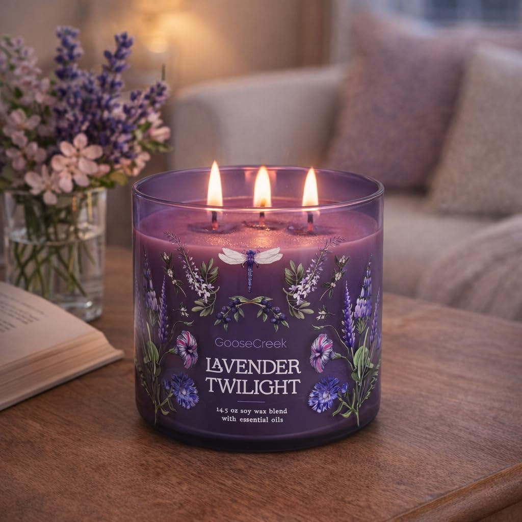Lavender Twilight 3-Wick Candle, 14.5 oz Soy Wax Blend with Essential Oils, Sugared Lavender, Wild Blueberries & Fresh Spring Clouds