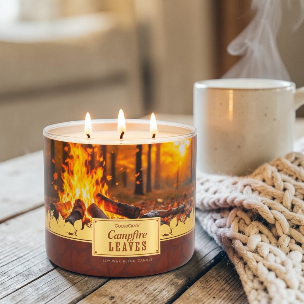 Campfire Leaves Soy Wax Blend Candle, 3-Wick, Brandied Apple, Charred Chestnuts, Fallen Leaves, Glowing Embers