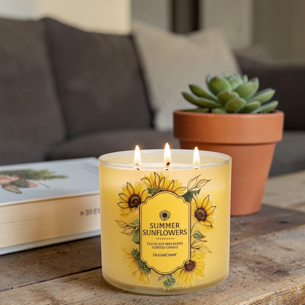 Summer Sunflowers Scented Candle, Soy Wax Blend, 14.5 oz with Artisanal Shortcake Soap Gift
