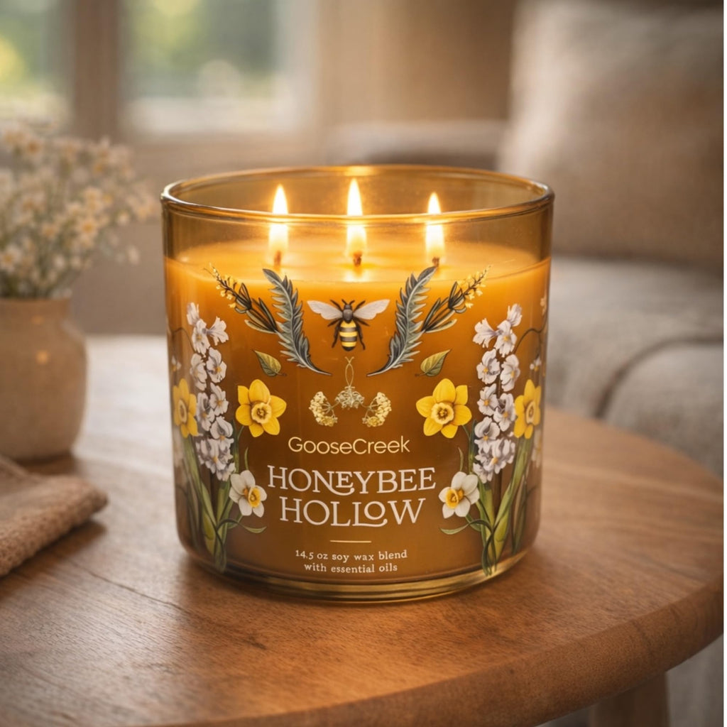 Honeybee Hollow 3-Wick Candle, 14.5 oz Soy Wax Blend, Wild Honey, Vanilla Bean, Amber Woods