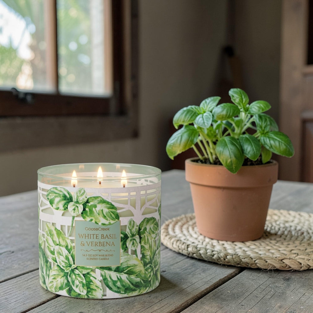 White Basil & Verbena Scented Candle, 14.5 oz Soy Wax Blend, Gold Lid